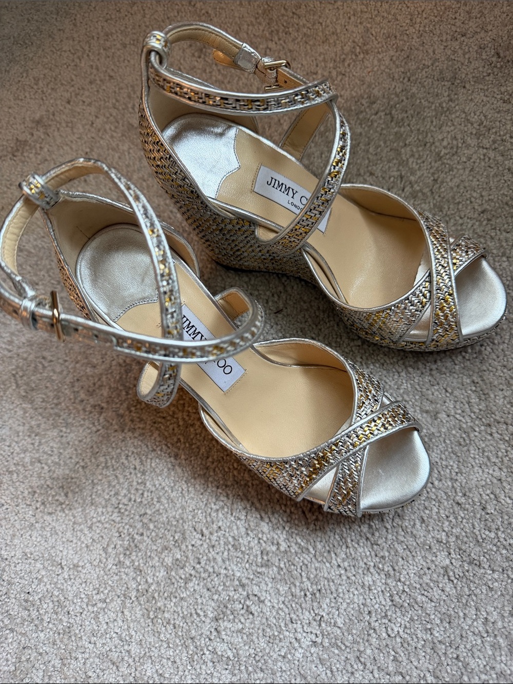 Jimmy Choo Alanah Silver and Gold Metallic Wedge Sandals nwot 38.5